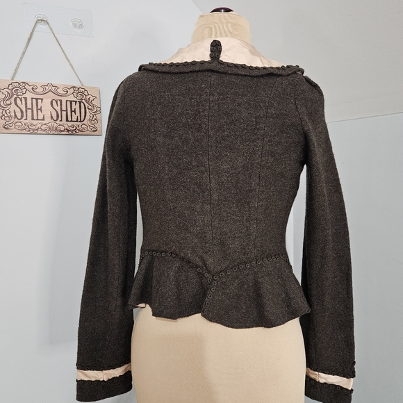 Guinevere Anthropologie Brown Boiled 100% Merino Wool Cardigan Medium Silk Trim - Picture 3 of 14